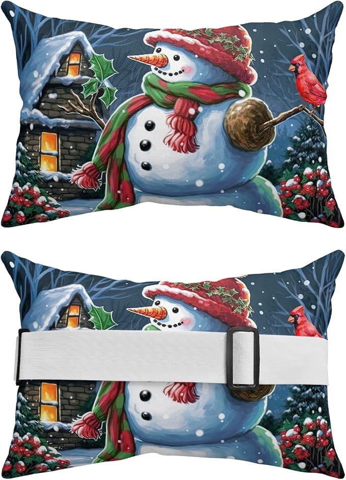 Outdoor Pillows Covers with Inserts Chirstmas Red Cap Snowman Red Bird Waterproof Recliner Pillow with Adjustable Strap Throw Pillows for Patio Furniture Pool Lounge Chair, 12x20 inch, 1PCS
