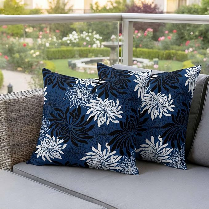 Yukro Blue Black Floral Outdoor Waterproof Pillow Covers Pack of 2, Vintage Blue White Black Flower Decorative Throw Pillowcases Cushion Covers for Garden Patio Tent Sofa Couch, 20x20 inch
