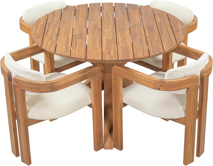 Christopher Knight Home Katy Modern 5 Piece Outdoor Dining Set, Round Dining Table Set for 4 with Chairs, Acacia Wood Patio Furniture Set with Barrel Chairs and Seat & Back Cushions, Beige+Brown