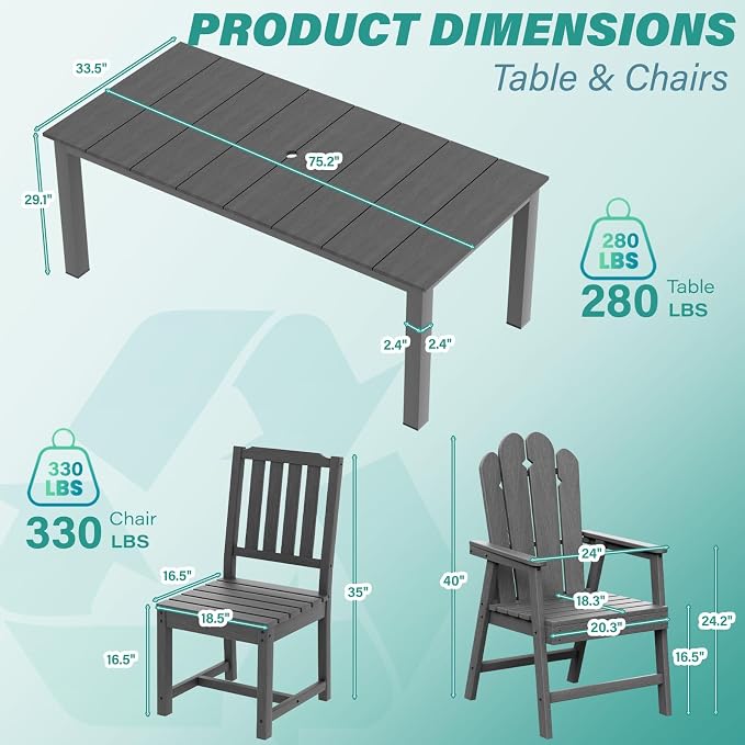 9 Piece Outdoor Dining Table Set for 8, Patio Chairs, Gray | 75.2” table,8 seat patio dining set, durable HDPE wood-look, table hole stable and spacious design for family gatherings