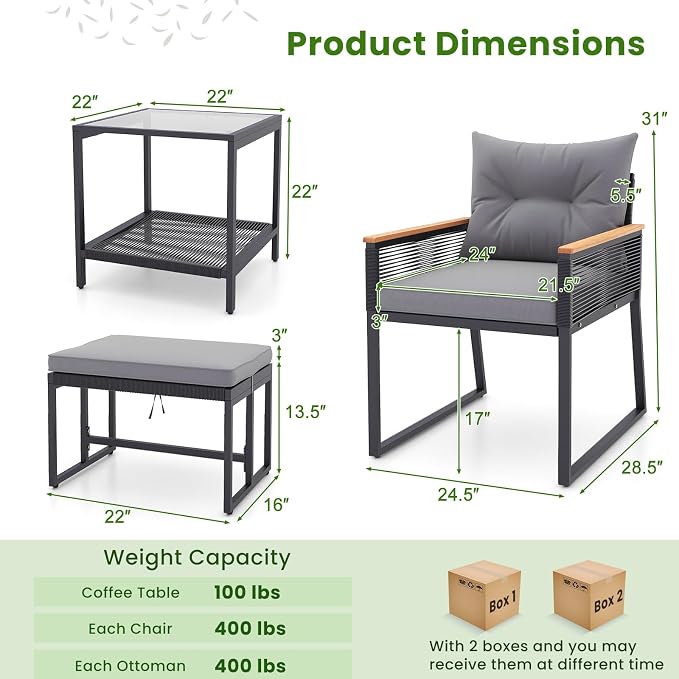 Tangkula 5 Pieces Outdoor Conversation Set, Patio Rattan Armchairs with 2-Tier Side Table & 2 Ottomans, Acacia Wood Armrests & Heavy-Duty Metal Frame, Patio Chairs Set for Porch, Poolside (Grey)