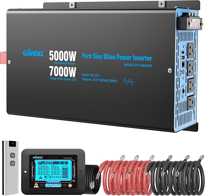 GIANDEL 5000W Pure Sine Wave Power Inverter 12V to 120V AC,7000W Max,Compatible with All 12V Batteries,Dua Remote,2x20Amps outlets,1x45amps Hardwire Ports,FCC Approved for RV Campers Off-Grid Solar