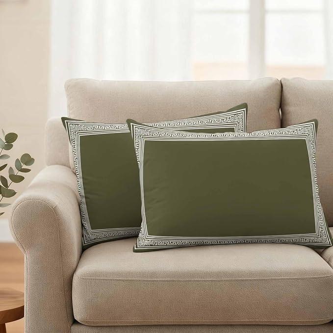 Olive Green Greek Key Waterproof Outdoor Pillow Covers Set of 2 Home Decor, Geometric Greece Ancient Farmhouse Geo Pillowcase Patio Pillow Covers for Couch Bench Furniture Garden 20x12in
