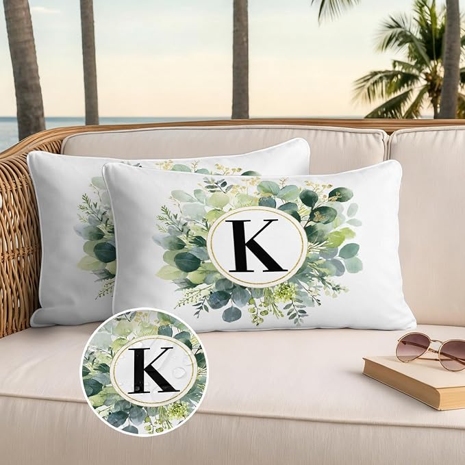 Letter K Waterproof Outdoor Pillow Covers Set of 2 Home Decor, Alphabet Green Eucalyptus Leaves Lumbar Pillowcase Patio Pillow Covers for Couch Bench Patio Furniture Garden 20x12in
