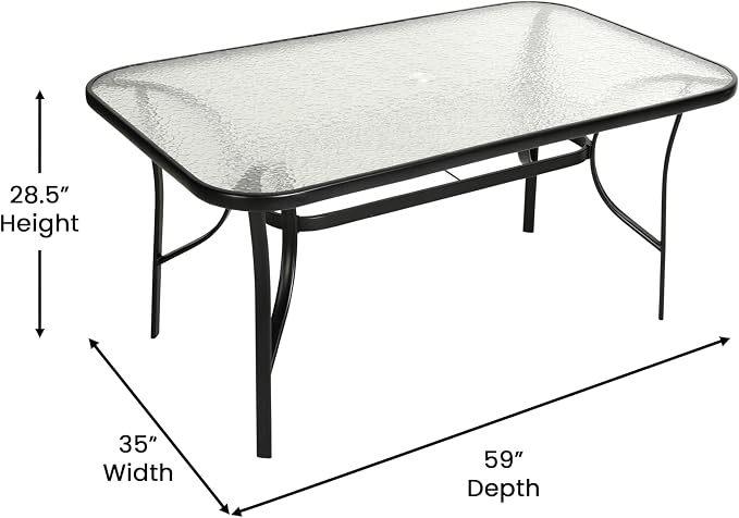 Merrick Lane Bardwell 7-Piece Outdoor Dining Table Set for 6, Glass Top Table with Hole for Umbrella, 6 Breathable Textilene Stackable Patio Chairs, Brown/Black