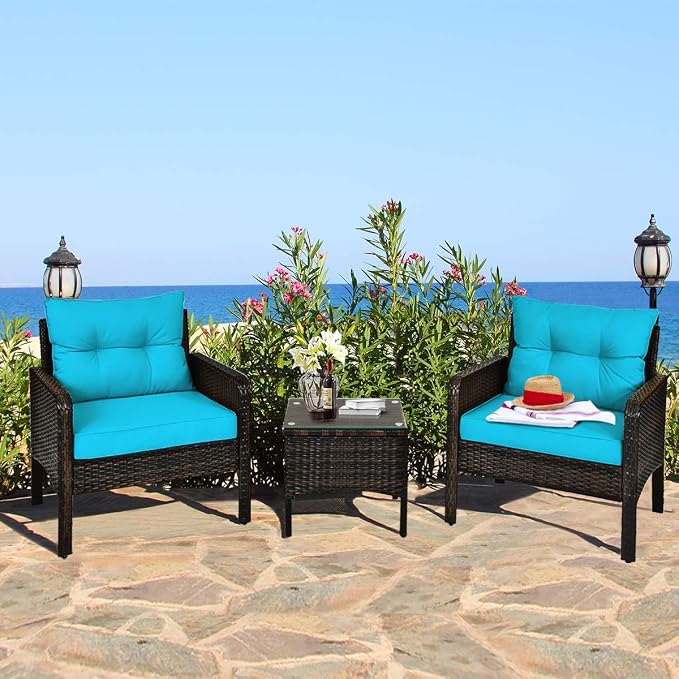 DORTALA Small Patio Furniture Set 3 Piece, Wicker Outdoor Table and Chairs Set with Cushions, All Weather Rattan Conversation Bistro Set for Balcony, Porch, Backyard, Deck, Turquoise