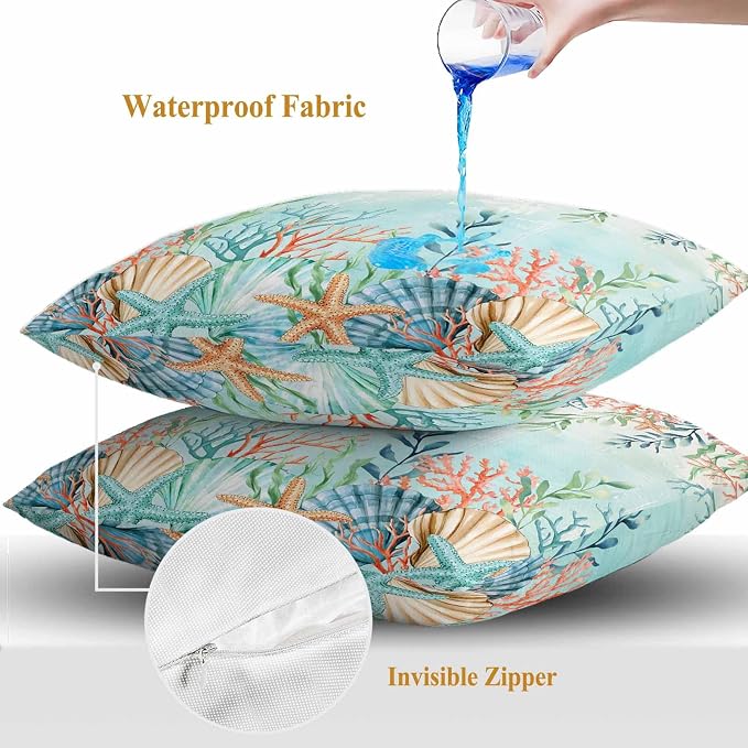 Throw Pillow Covers 16x16 Inch Set of 2, Ocean Starfish Seaweed Waterproof Outdoor Pillow Covers, Summer Coastal Beach Shell Coral Teal Decorative Cushion Pillowcases for Couch, Sofa, Bed, Patio