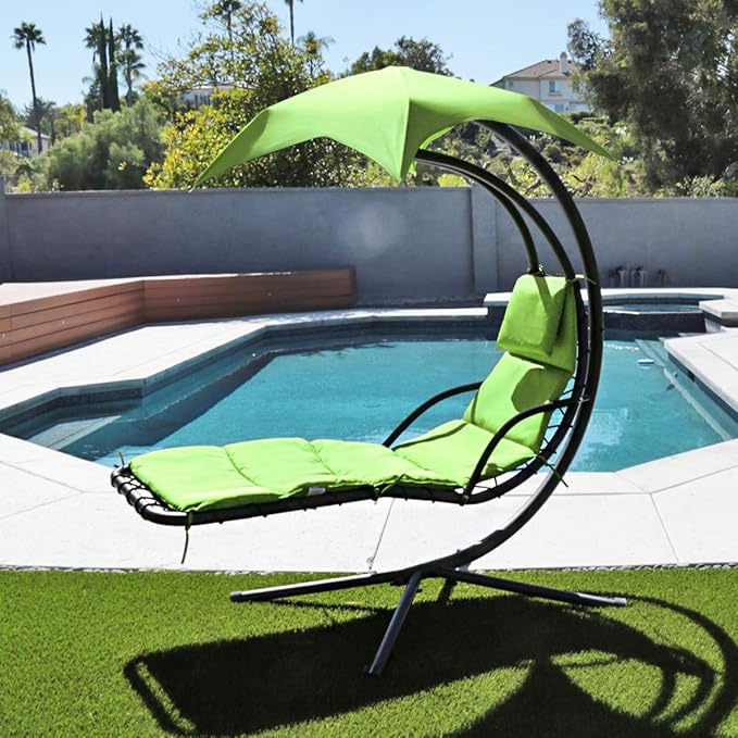 Patio Hanging Chaise Outdoor Lounger Padded Cushion Swing Hammock Chair w/Sun Shade Canopy Umbrella Stand [Green]