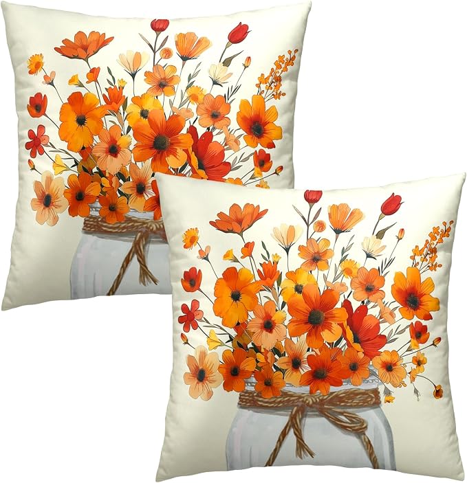 Autumn Flower Throw Pillow Covers 16 x 16 Inches Set of 2,Watercolor Orange Floral Jar Fall Seasonal Pillowcase Square Cushion Cover for Home Living Room Bed Sofa Car