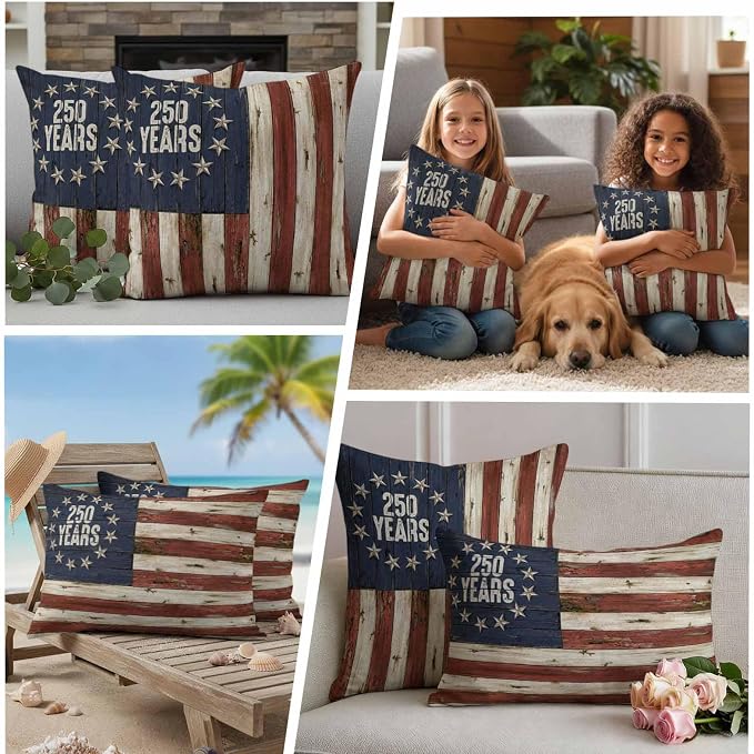 250 Year Anniversary USA Outdoor Waterproof Throw Pillow Covers 26"x26" Set of 2, 4th of July Vintage Wood Decorative Garden Pillowcase with Zipper Cushion Case for Patio Couch Tent