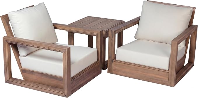 Christopher Knight Home 3-Piece Patio Swivel Chair Set with Side Table, Acacia Wood Outdoor Swivel Rocking Chairs with Cushions, Deep Seating Patio Chair & End Table for Porch Deck Garden, Brown+Beige