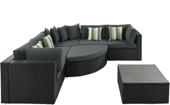 LUMISOL 7-Piece Patio Sofa Set, 93.5" Large Outdoor Half-Moon Sectional Sofa with Curved Ottoman & Coffee Table, Wicker Patio Conversation Set with Cushions for Backyard, Garden, Green Grey