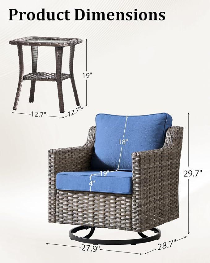 Outdoor Furniture Set of 3, Patio Chairs with Luxury 4" Cushion, Wicker Swivel Rocker Patio Chairs, and Side Table, High Back&Deep Seat for Garden Deck Porch Balcony Backyard - Blue