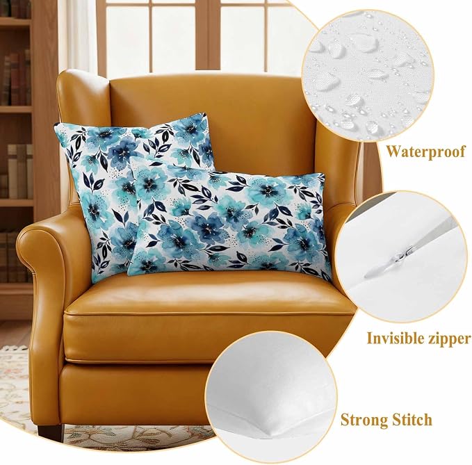 Botanical Floral Leaves Outdoor Pillow Covers 26"x26" Set of 2, Watercolor Painting Blue Gradient Blooms Waterproof Throw Pillow Covers for Patio Furniture, Decorative Cushion Covers for Porch
