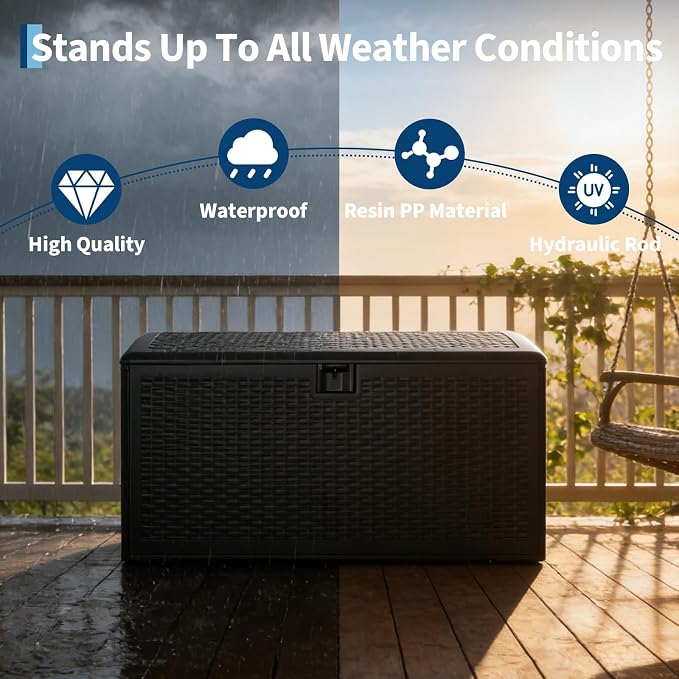 120 Gallon Waterproof Resin Deck Box Large Lockable Storage Container with Hydraulic Rod for Patio Furniture Tools Pool Garden Outdoor Indoor Black 50"L x 26"W x 25"H