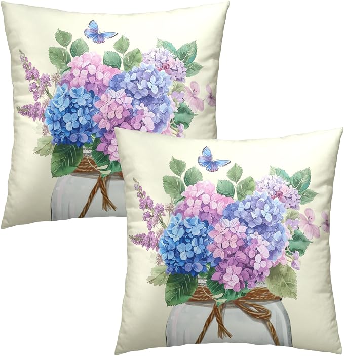 Hydrangea Flower Throw Pillow Cover Set of 2 22x22 Inch Vintage Blue Purple Floral Jar Watercolor Decorative Couch Pillow Cushion Case for Outdoor Patio Living Room Bedroom Decor