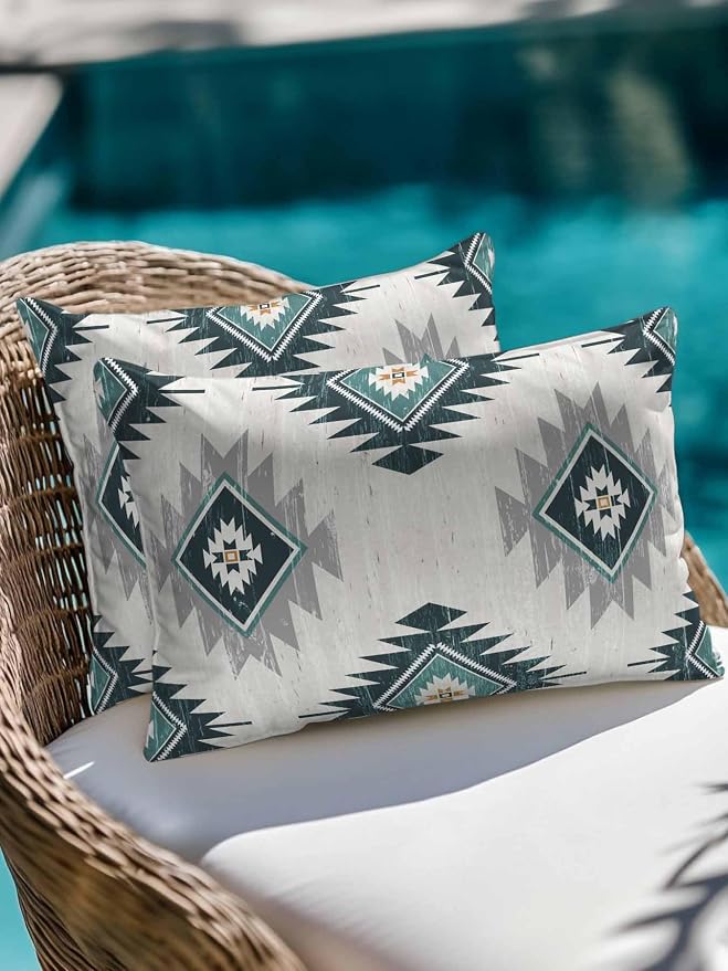 Waterproof Outdoor Pillow 1 Pack Turquoise Boho Aztec Decorative Throw Pillows Cover & Insert 20x12 Inch Lumbar Pillowcase Southwest Tribal Style Pillows for Couch Sofa Bed Patio Furniture