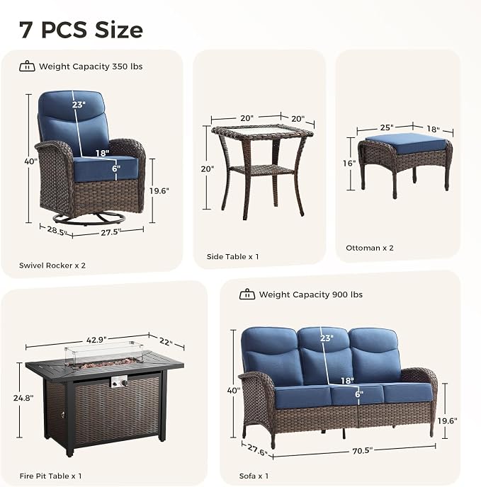 Luxury Patio Furniture Set with Fire Pit Table, Outdoor Furniture Set with High Back Swivel Chairs & 6-inch Thick Cushions, 7 PCS Fire Pit Patio Set for Yard, Deck, Poolside, Brown/Blue