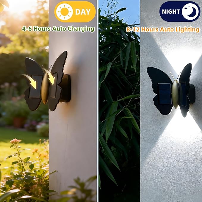 Butterfly Wall lihgts Decorations Solar Fence Lights Outdoor Solar Deck Light Waterproof LED Solar Powered Step Light Garden Butterfly Decorative Lighting for Front Door Yard Patio (White Light)