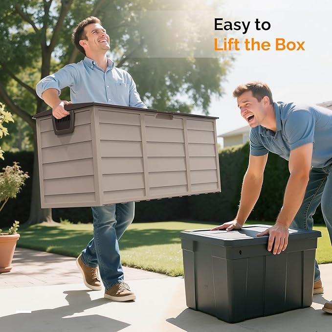 VINGLI 75 Gallon Outdoor Storage Box, Lockable Plastic Storage Containers with Lid, Patio Deck Box Furniture for Garden, Pool, Balcony, Yard (Coffee)