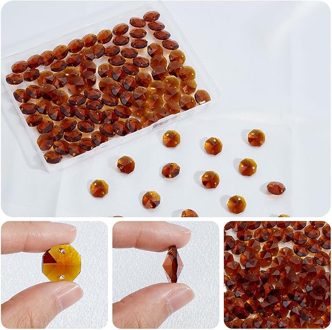 120Pcs 14mm Glass Octagon Crystal Beads 2 Hole Crystal Prism Beads Chocolate Chandelier Replacement Parts Links Suncatcher Faceted Spacer for DIY Lamp Hanging Pendant Jewelry Making Crafts