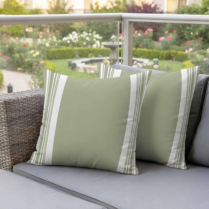 Farmhouse Sage Green Outdoor Waterproof Throw Pillow Covers 20x20 Set of 2, Aesthetic Modern Line Striped Decorative Pillowcases Cushion Pillowcase for Couch Sofa Patio Outside Pillow Protector