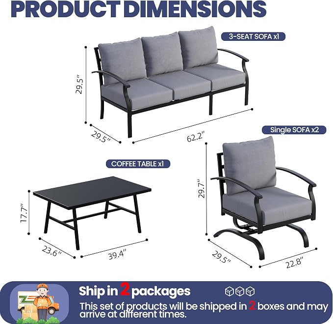 Kullavik Patio Furniture Set,4 Piece Metal Outdoor Patio Furniture Set,All Weather Modern Patio Conversation Sets w/3 Seater Sofa,2 Single Sofas and Coffee Table for Balcony Deck,Grey