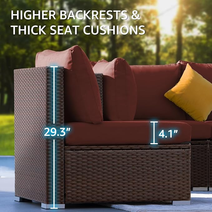 NICESOUL 13 Piece Patio Furniture w/Fireplace, Elegant Outdoor Seating w/Firepit, XL 29.3'' High Back Sectional Sofa, All-Weather Rattan Deck Couch, Modular Sturdy Conversation Set, Brown & Red