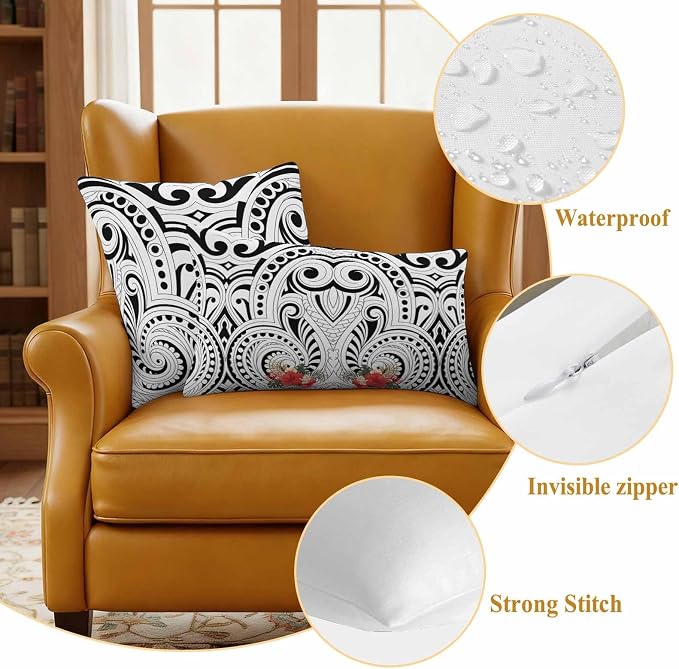 Outdoor Waterproof Throw Pillow Covers Set of 2 Polynesia Abstract Ethnic Pattern Pillowcases 24x24 Inches Boho Style Flower Decorative Pillows Cushion Case Patio Pillows for Couch Bed Chair Garden