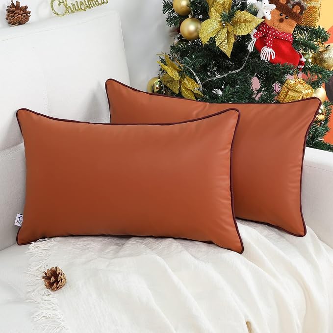 Pack of 2 Outdoor Pillow Cover 12x20 Inch Water Resistant Silicone Leather UV Fade Resistant Brown Lumbar Pillow Cover for Patio Garden Tent Couch
