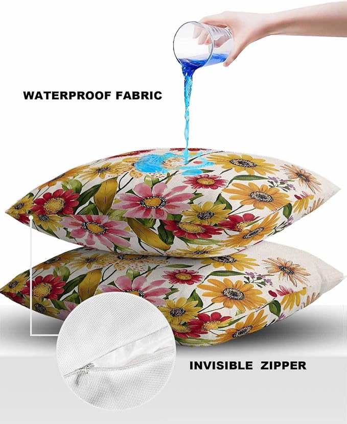 Outdoor Waterproof Pillow Covers for Patio Furniture Pink Purple Floral Decorative Throw Pillow Cover Red Yellow Flowers Pillowcases Set of 2 Cushion Case for Sofa Couch Chair Home Decor 16"x16"
