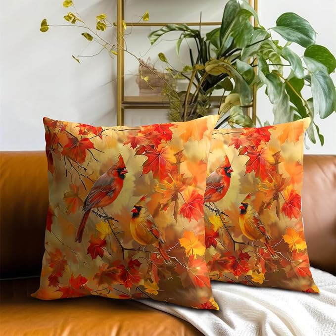 Maple Leaf Fall Pillow Cover Set of 2, 20x20 Inch Autumn Harvest Tree and Birds Rustic Farmhouse Cotton Linen Square Cushion Case for Couch Sofa Bed Patio Living Room Home Decor