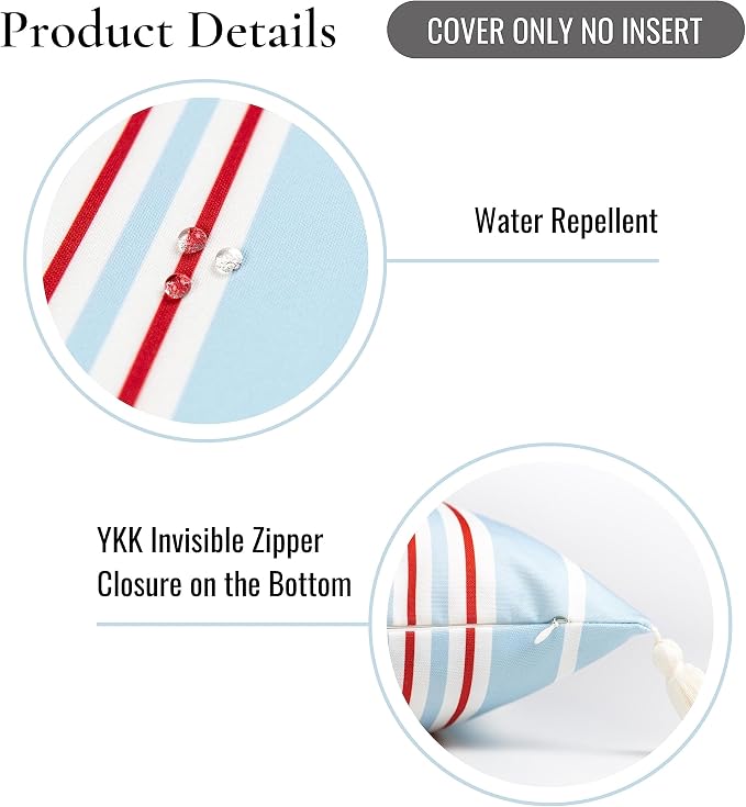 Hofdeco Premium Coastal Hampton Style Patio Indoor Outdoor Lumbar Pillow Cover Only, 12"x20" Water Resistant for Backyard, Couch, Baby Blue Red Stripe Tassel