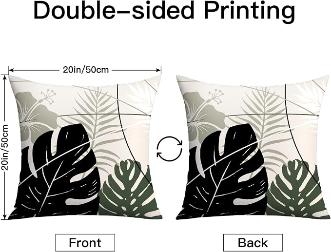 OTOSTAR Outdoor Waterproof Throw Pillow Covers 20x20 Inch Set of 2 Double-Sided Black Grey Tropical Leaf and Flower Spring Summer Decorative Pillow Cases for Patio Funiture Garden Balcony Couch