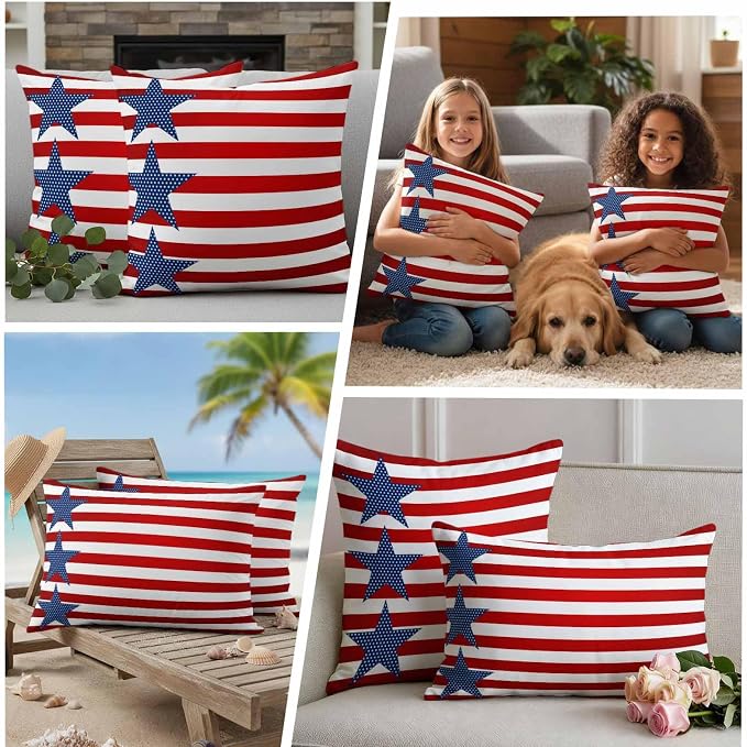 4th of July Outdoor Throw Pillows Covers 16x16 inch Set of 2 Waterproof Patriotic American Flag Zippered Cushion Covers for Patio Furniture, Red White and Blue Stars Stripes Lumbar Pillowcases