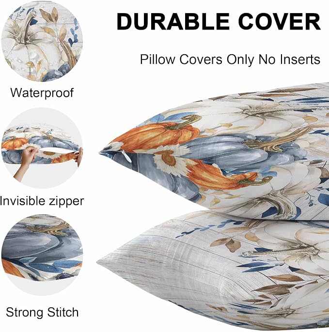 Fall Outdoor Throw Pillows Covers 26x26 inch Set of 2 Waterproof Blue White Pumpkin Zippered Cushion Covers for Patio Furniture, Autumn Eucalyptus Leaves Floral Wood Thanksgiving Lumbar Pillowcases