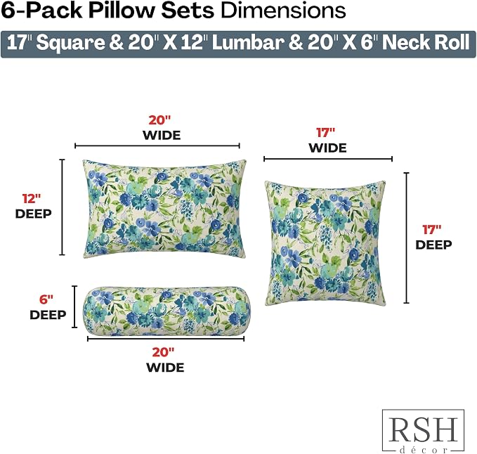 RSH DECOR: 6-Pack Pillow Set | All-Weather Spun Fabric | Water & Fade-Resistant | 17" Square, 20" x 12" Lumbar, 20" x 6" Neck Roll Pillows | Outdoor Pillows for Patio | Made in USA (Bettina Aqua)