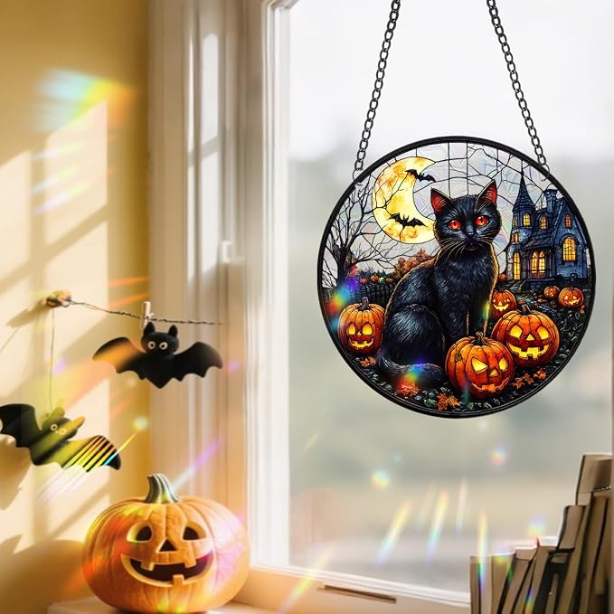 Acrylic Halloween Sun Catcher - 7.87 Inch Black Cat Round Suncatcher for Window Hanging Decoration - Creates Indoor Rainbows Light Refraction - Spooky Ghost, Witch, Pumpkin Design