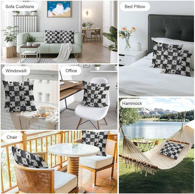 Black White Animal Printed Outdoor Pillow Covers 26x26 Inch Throw Pillow Covers Set of 2 Waterproof Decorative Pillow Cases Farmhouse Fur Texture Plaid Cushion Covers for Patio Furniture Garden Couch