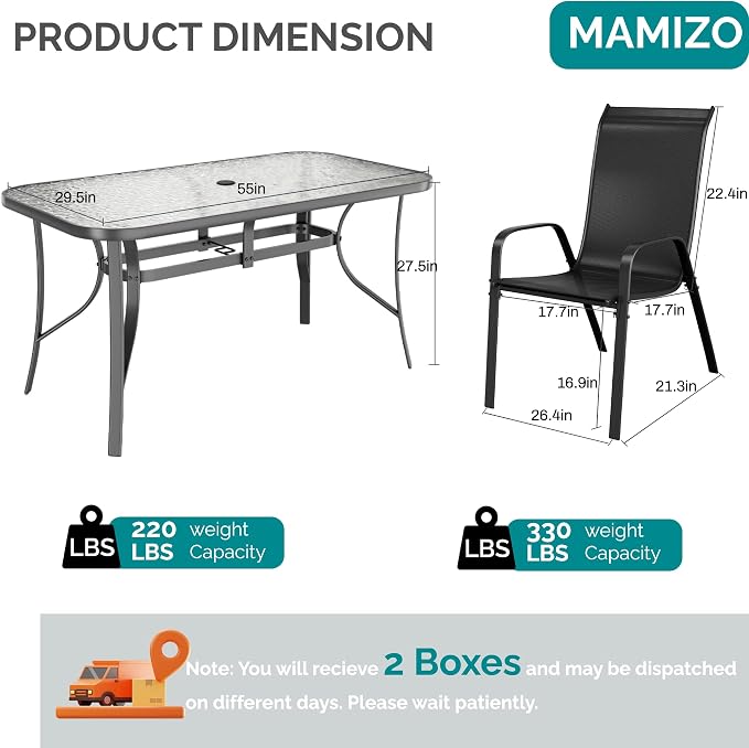 MAMIZO 7 Pieces Patio Dining Set for 6, Outdoor Table and Chairs w/Rectangle Glass Table and 6 Textilene Stackable Chairs, Patio Furniture Set w/1.69" Umbrella Hole (Grey Table & Black Chair)