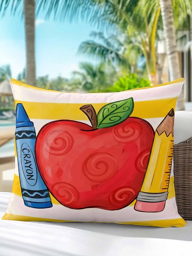 1 Pack Outdoor Throw Pillow, Children's Day Waterproof Pillow with Insert Included, Funny Cartoon Pencil Yellow Striped Decorative Accent Cushion Sofa Pillows for Patio Porch, 16 x 16 in