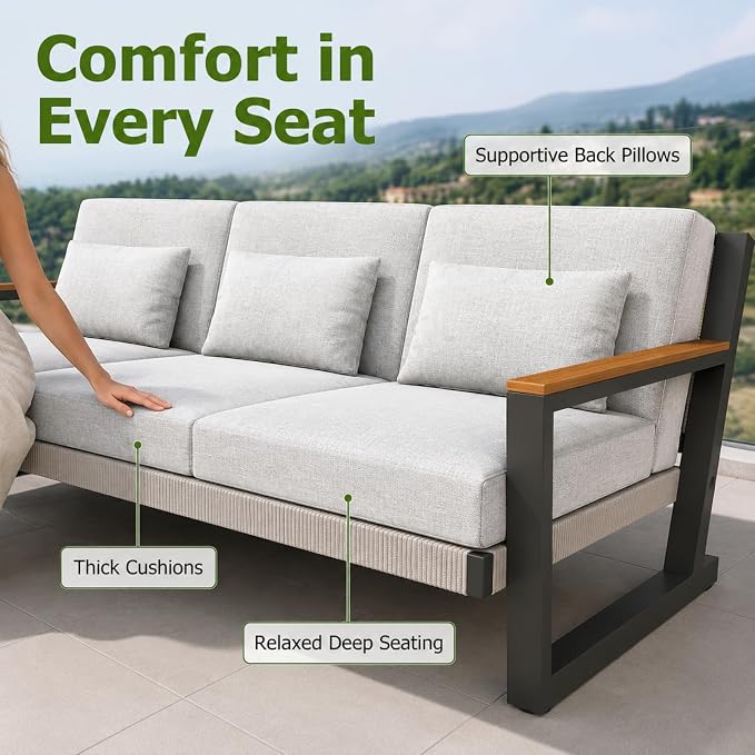 Aluminum Patio Furniture Set 5 Seats, Oversized Outdoor Sectional with Washable Thick Cushions, Coffee Table and Waterproof Cover, Patio Conversation Sets for Porch, Balcony, Deck Grey
