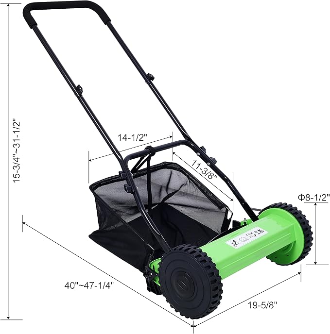14-inch 5-Blade Push Reel Mower, Adjustable Cutting Height with Grass Catcher 5 Steel Blades Easy to Use for a Green Healthy Lawn,Suitable for Farms, Parks, Yards and Courts (Green)