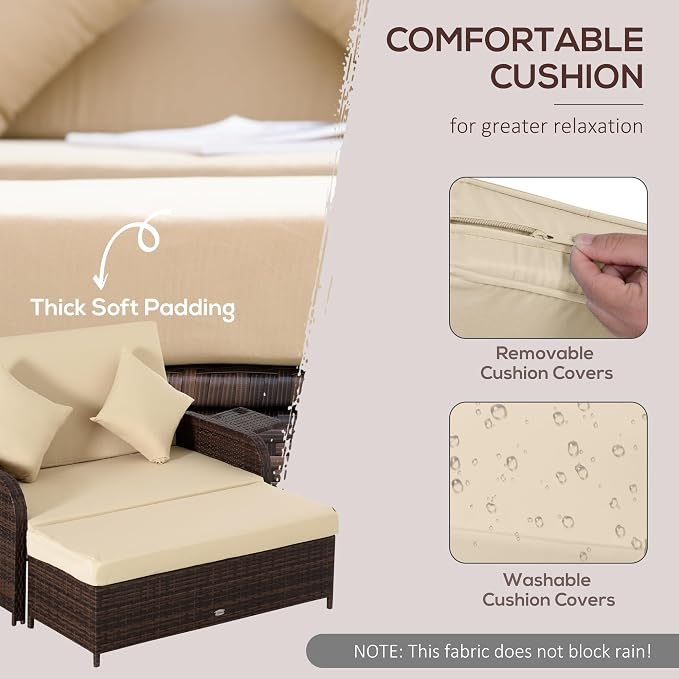 Outsunny Patio Rattan Daybed with Cushions, Wicker Outdoor Bed Lounger w/Loveseat, Storage Ottoman, Coffee & Side Tables, for Poolside, Porch, Backyard, Beige