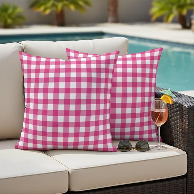 Hot Pink Checks Outdoor Pillow Covers 26"x26" Set of 2, Gingham Plaid Abstract Modern Minimalist Waterproof Throw Pillow Covers for Patio Furniture, Decorative Cushion Covers for Porch