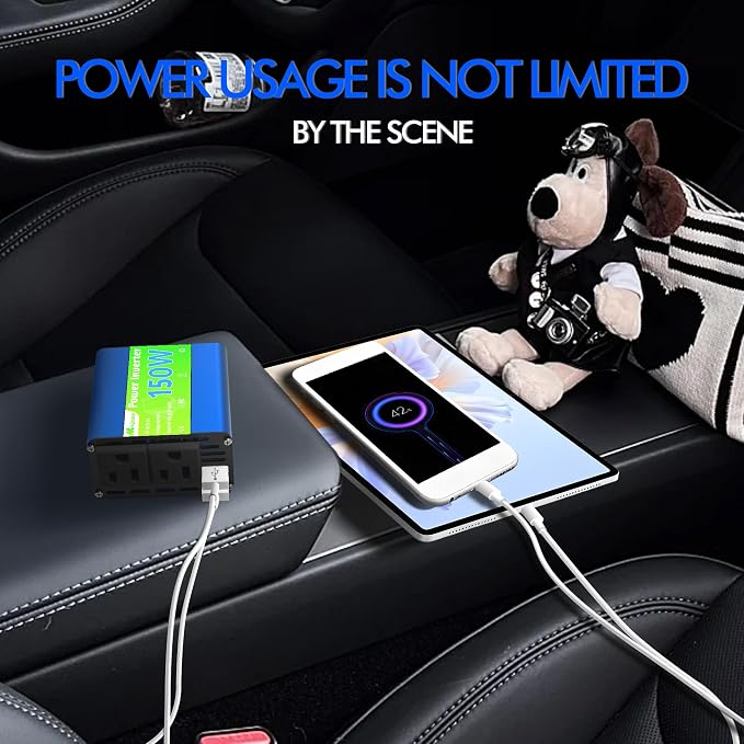 150W Power Inverter - Converter Vehicle Adapter Plug Outlet 12v to 110v, Car Plug Adapter 300W Peak with 2 AC Outlets, for Vehicles, Cigarette Lighter Outlet for Phone/Laptop