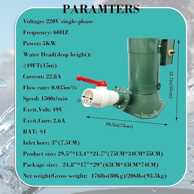 5KW Hydroelectric Generator Set Water Power Generator Automatic Voltage Regulation & Leakage Protection ≥15m/49FT Off-Grid Power Generator Pelton Turbine for Home/Rural Use 220V/60HZ