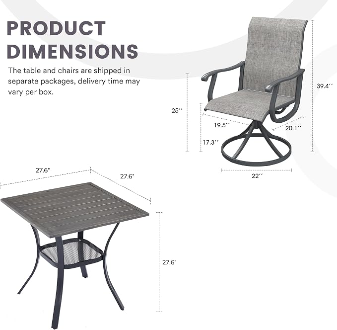 3 Pieces Patio Furniture Dining Set, 2 Textilene Swivel Dining Chairs, 28" Outdoor Square Metal Table with Storage Shelf, Outdoor Dining Set for Porch, Lawn, Garden, Grey/Grey