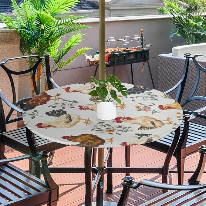 OSAM SPACE Outdoor Tablecloth with Umbrella Hole, Round Elastic Fitted Table Cloth with Invisible Zipper,Farmhouse Rooster Picnic Patio Table Cover 45-56in