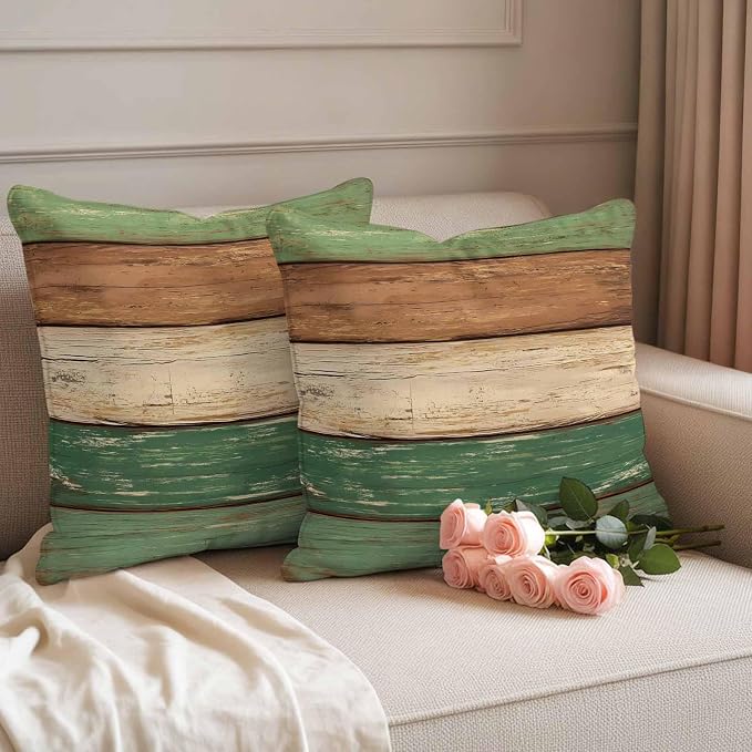 Farmhouse Dark Sage Green Brown Outdoor Waterproof Pillow Covers, Vintage Wooden Striped Decorative Square Throw Pillowcase Sofa Cushion Sham for Patio/Couch/Chair, 20"x20" 2 Pack